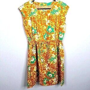 Vintage 1960s Orange Floral Print Sleeveless Dress With Belt Gathered Waist Wome
